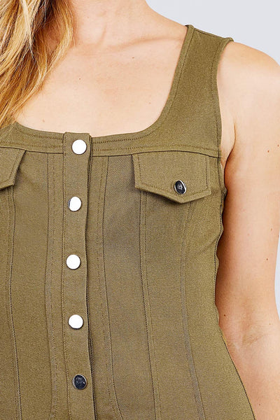 Our Best 75% Rayon 21% Nylon 4% Spandex Sleeveless Deep Square Neckline Button Down Breast Pocket Detail Mini Dress (Light Olive)