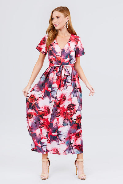 Miss Darla Diva 100% Polyester Floral-Multi Pattern Deep V-neck Button Down Sash Tie Maxi Dress (Pink/Purple))
