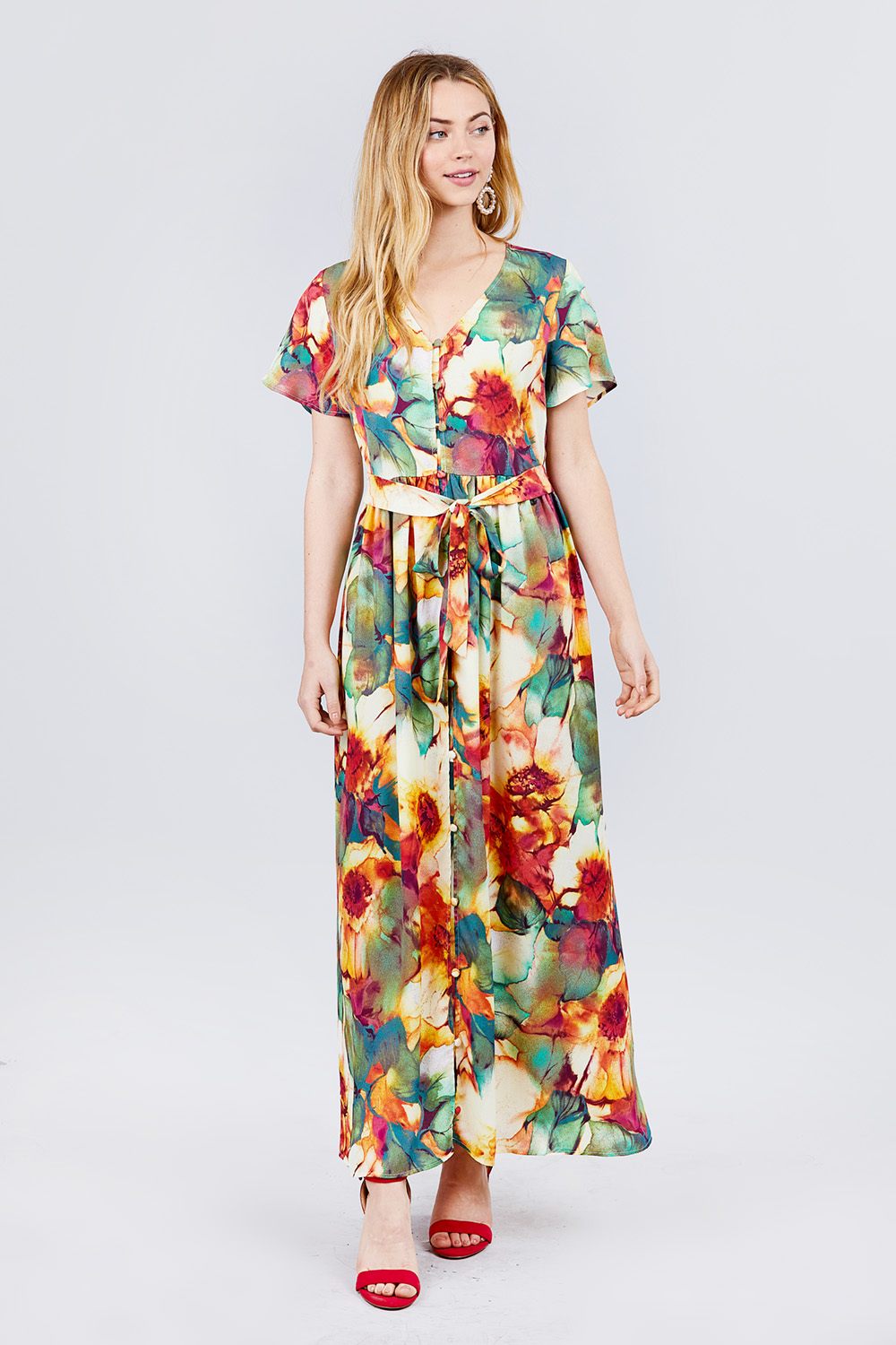 Casual Clubwear 100% Polyester Short Sleeve V-neck Button Down Sash Tie Belted Floral Print Woven Maxi Dress (Rust Green)