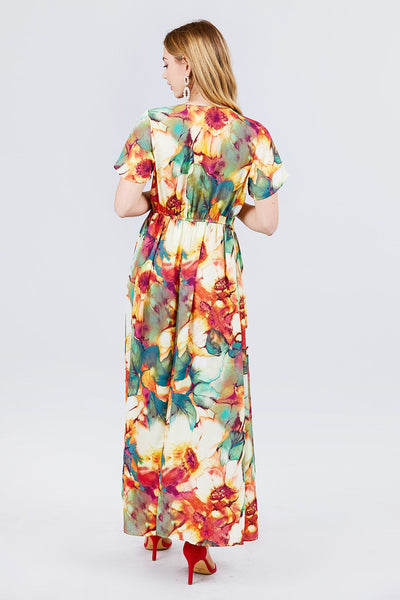 Casual Clubwear 100% Polyester Short Sleeve V-neck Button Down Sash Tie Belted Floral Print Woven Maxi Dress (Rust Green)