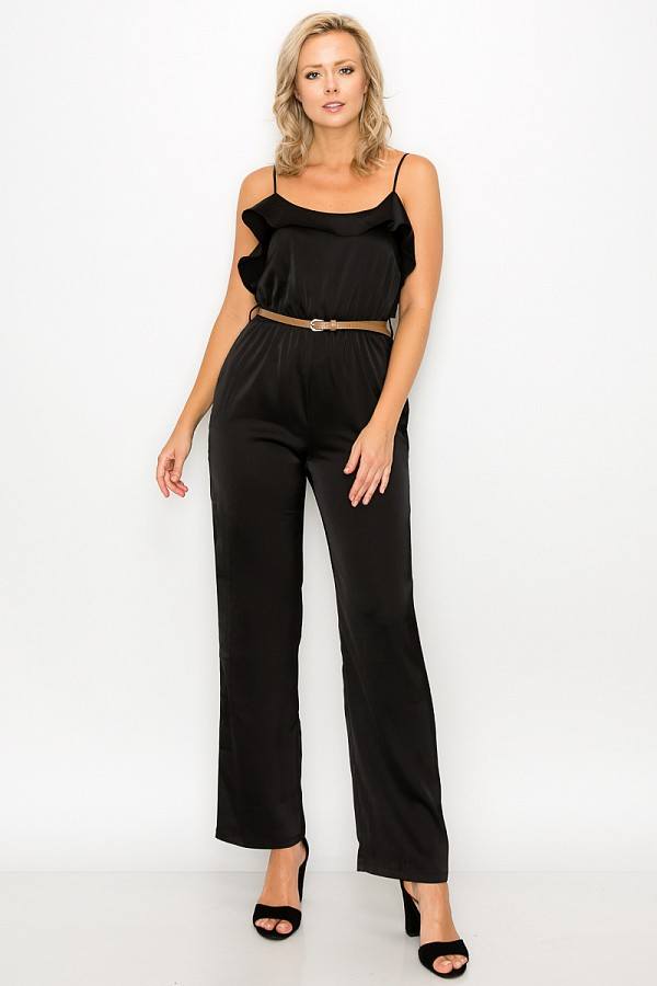 Our Best Polyester Blend Ruffle Trim Scoop Neck Belted Jumpsuit (Black)