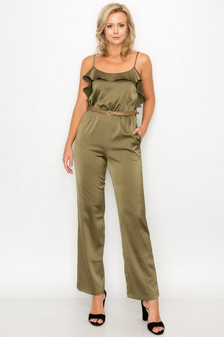 Our Best Polyester Blend Ruffle Trim Scoop Neck Belted Jumpsuit (Olive)