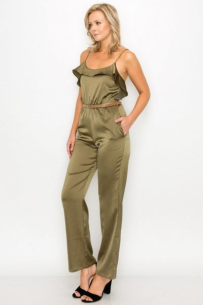 Our Best Polyester Blend Ruffle Trim Scoop Neck Belted Jumpsuit (Olive)