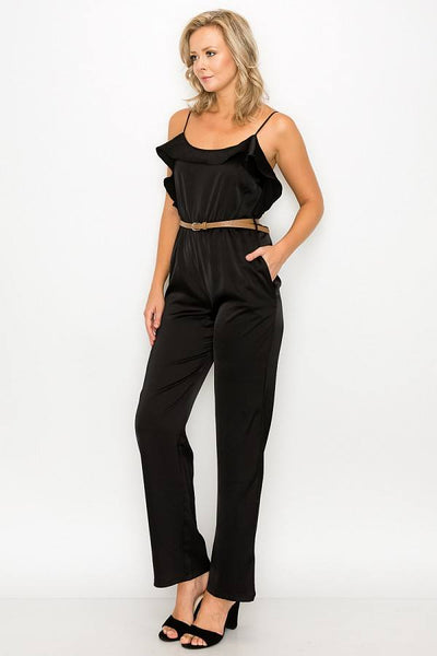 Our Best Polyester Blend Ruffle Trim Scoop Neck Belted Jumpsuit (Black)
