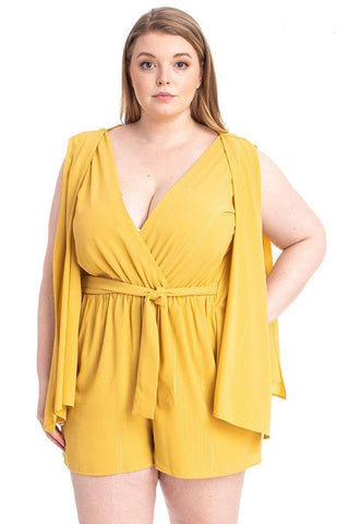 Plus Size Lovely Ladies 94% Polyester 6% Spandex Shimmer Fabric V-Neckline Draped Open Sleeve Romper (Yellow)