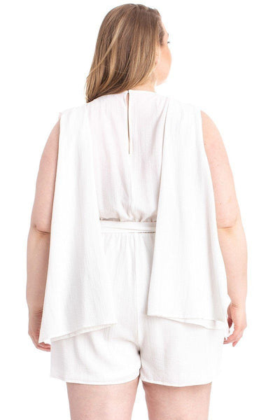Plus Size Lovely Ladies 94% Polyester 6% Spandex Shimmer Fabric V-Neckline Draped Open Sleeve Romper (Ivory)
