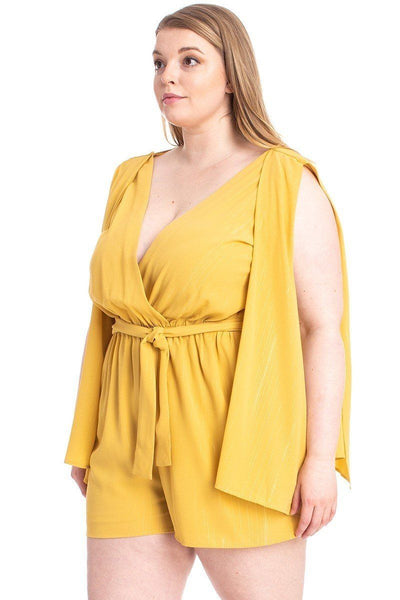 Plus Size Lovely Ladies 94% Polyester 6% Spandex Shimmer Fabric V-Neckline Draped Open Sleeve Romper (Yellow)