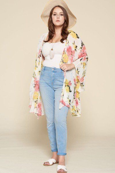 Plus Size Lovely Ladies 100% Polyester Made In U.S.A. Beautiful Brilliant Floral Print Oversize Flowy Dramatic Bell Sleeves Kimono (Off White)
