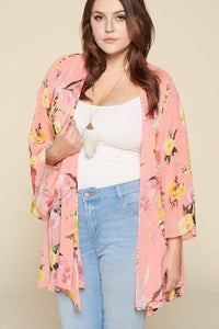 Plus Size Lovely Ladies 100% Polyester Made In U.S.A. Beautiful Brilliant Floral Print Oversize Flowy Airy Dramatic Bell Sleeves Kimono (Coral)