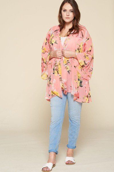 Plus Size Lovely Ladies 100% Polyester Made In U.S.A. Beautiful Brilliant Floral Print Oversize Flowy Airy Dramatic Bell Sleeves Kimono (Coral)