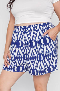 Plus Size Off White Blue Tribal Print High-waist Shorts