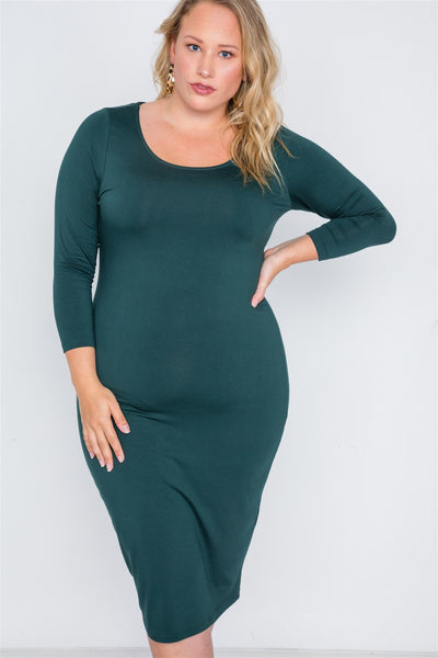 Plus Size Lovely Ladies Made In U.S.A. Basic Long Sleeve Solid Color Bodycon Silhouette Unlined Midi Dress (Green)