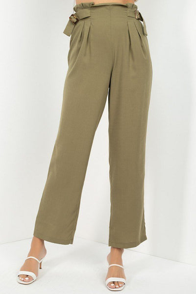 Our Best 100% Polyester Solid Color High Waist Paperbag Flared Leg Capri Pants (Olive)