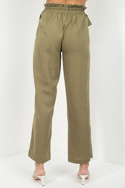 Our Best 100% Polyester Solid Color High Waist Paperbag Flared Leg Capri Pants (Olive)