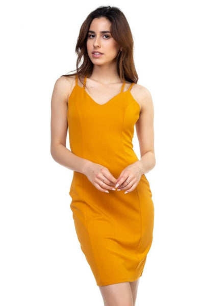 Chandra Cassandra Polyester Blend Crisscross Double Spaghetti Strap V-neck Mustard Dress