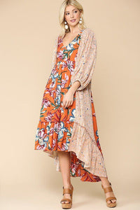 Our Best 82% Viscose 18% Nylon Floral Print V-neck Side Pocket Ruffled Maxi Dress (Orange/Blush)