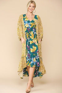 Gwendolyn's Garden 82% Viscose 18% Nylon Floral Print V-neck Side Pocket Ruffled Dress (Jade Mustard)