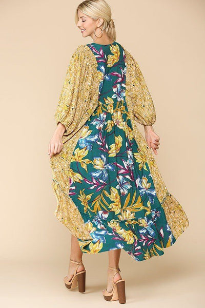 Gwendolyn's Garden 82% Viscose 18% Nylon Floral Print V-neck Side Pocket Ruffled Dress (Jade Mustard)