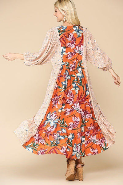 Our Best 82% Viscose 18% Nylon Floral Print V-neck Side Pocket Ruffled Maxi Dress (Orange/Blush)