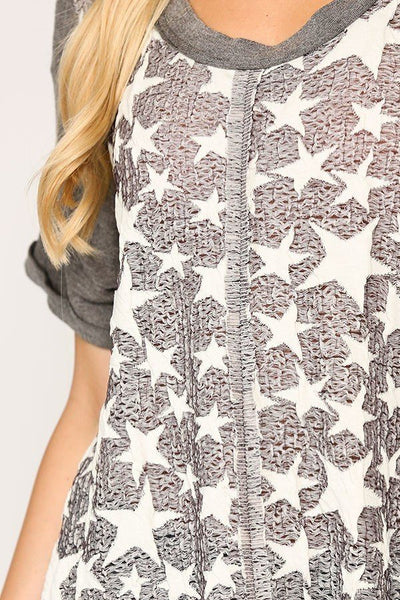 Our Best 95% Acrylic 5% Spandex Star Textured Knit Mixed Tunic Top With Shark Bite Hem (Gun Metal)