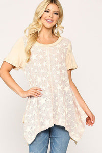 Our Best 95% Acrylic 5% Spandex Star Textured Knit Mixed Tunic Top With Shark Bite Hem (Pale Pink)