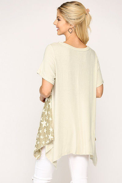Our Best 95% Acrylic 5% Spandex Star Textured Knit Mixed Tunic Top With Shark Bite Hem (Golden Sand)
