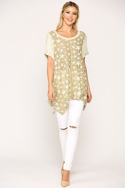 Our Best 95% Acrylic 5% Spandex Star Textured Knit Mixed Tunic Top With Shark Bite Hem (Golden Sand)