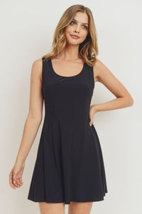Sallie Slim Fit Polyester Blend Scoop Neckline Sleeveless Skater Solid Color Mini Dress (Black)