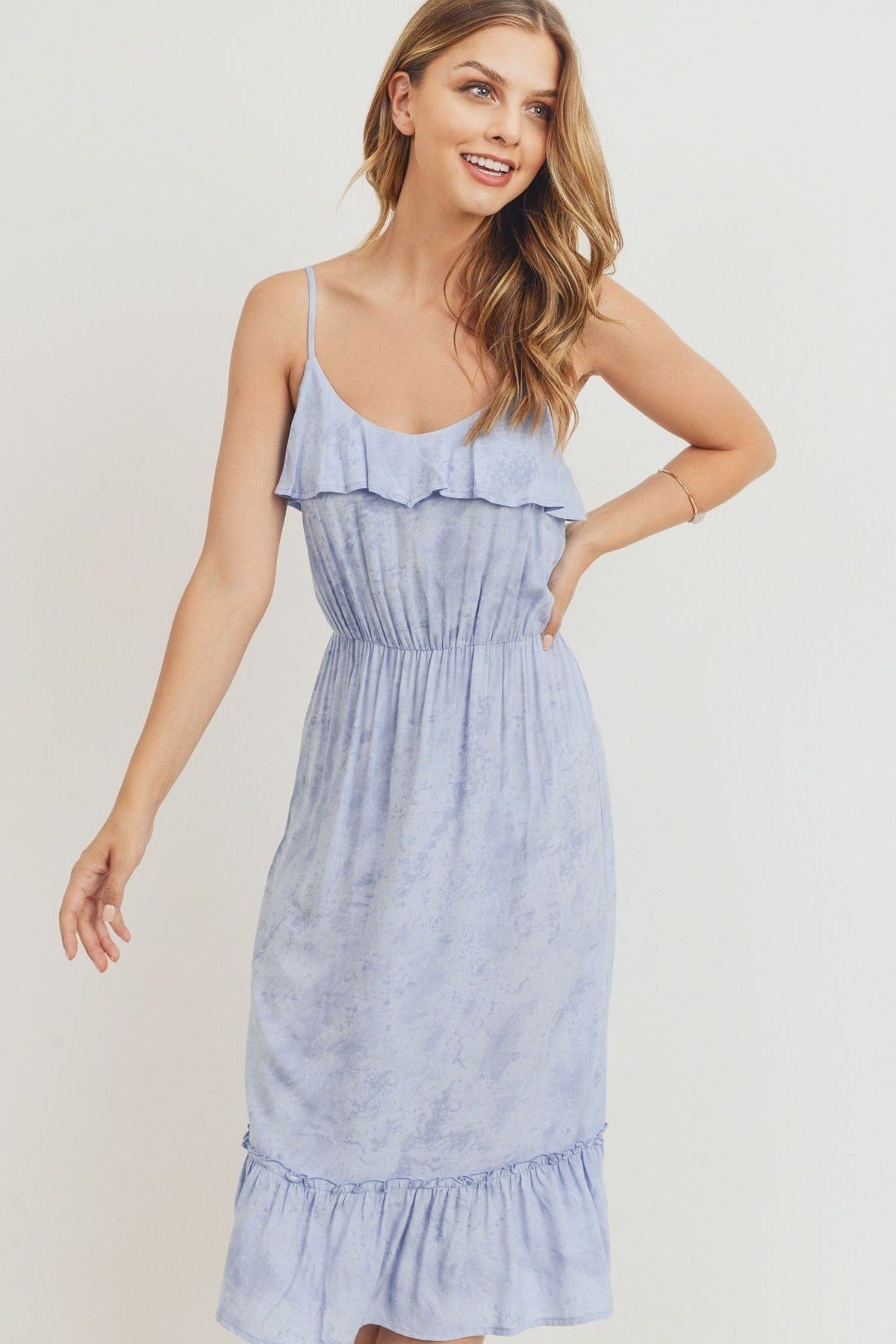 Caitlin In The Country 95% Polyester 5% Spandex Scoop Neck Ruffle Detail Spaghetti Strap Elastic Waist Midi Dress (Blue)