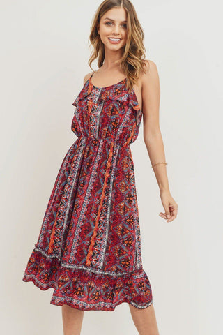 Caitlin In The Country Polyester Blend Scoop Neck Ruffle Detail Spaghetti Strap Elastic Waist Midi Dress (Mauve)