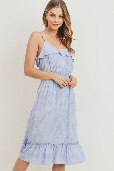 Caitlin In The Country 95% Polyester 5% Spandex Scoop Neck Ruffle Detail Spaghetti Strap Elastic Waist Midi Dress (Blue)