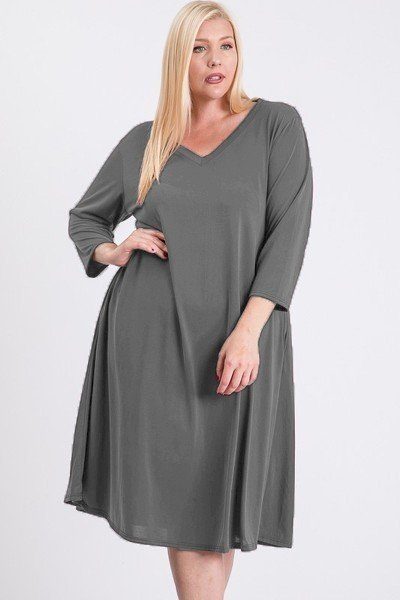 Plus Size Lovely Ladies 23% Polyester 77% Modal V-Neck Hidden Pocket Swing Dress (Grey)