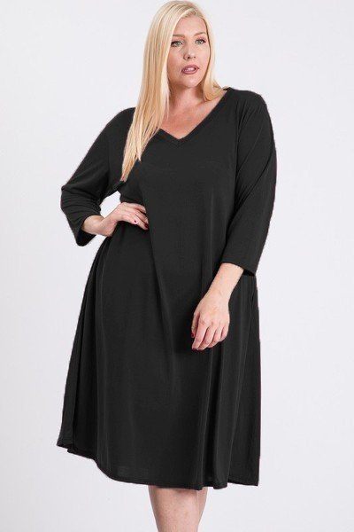 Plus Size Lovely Ladies 23% Polyester 77% Modal V-Neck Hidden Pocket Swing Dress (Black)