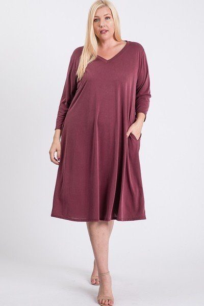 Plus Size Lovely Ladies 23% Polyester 77% Modal V-Neck Hidden Pocket Swing Dress (Burgundy)
