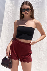 Our Best 60% Rayon 35% Nylon 5% Spandex Solid Color High Rise Unlined Scalloped Bottom Hem Mini Shorts (Burgundy)