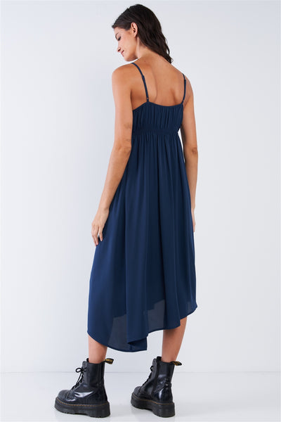 Simple But Sexy 100% Polyester Sleeveless Square Neckline Adjustable Cami Straps Asymmetrical Hem Maxi Dress (Navy)