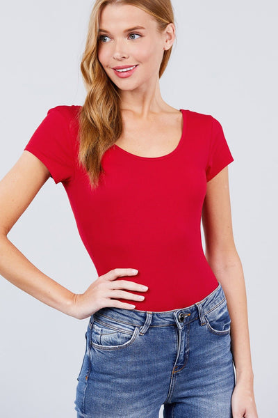 Our Best 95% Cotton 5% Spandex Solid Short Sleeve Scoop Neck Bodysuit (Bold Red)