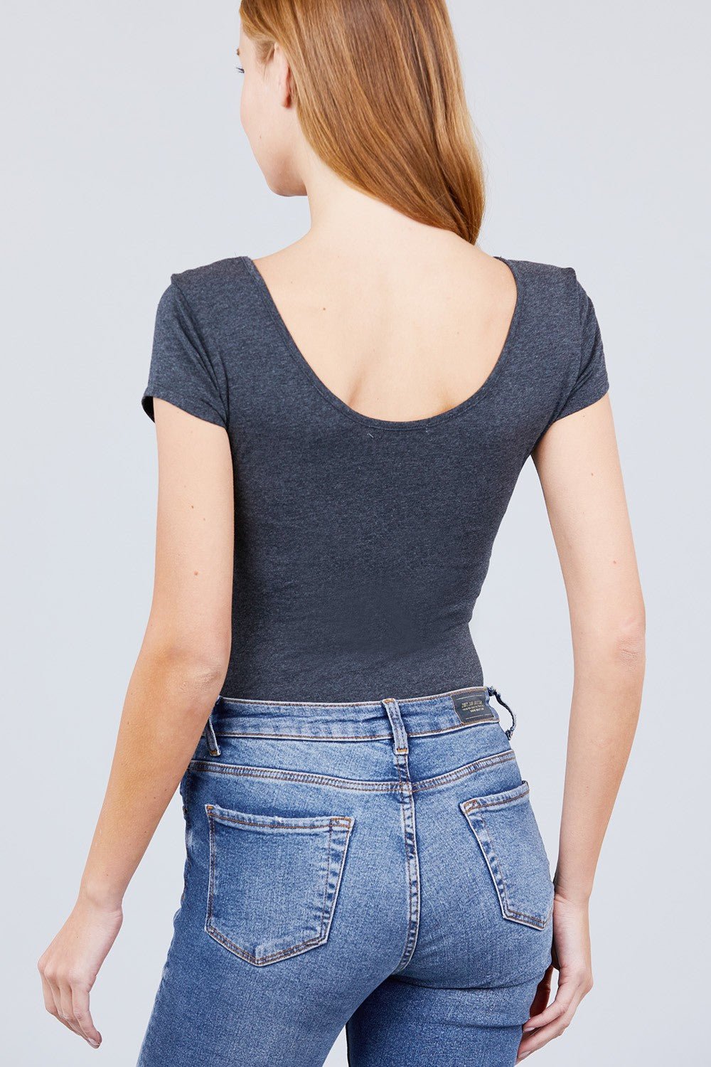Our Best 95% Cotton 5% Spandex Solid Short Sleeve Scoop Neck Bodysuit (Charcoal Grey)