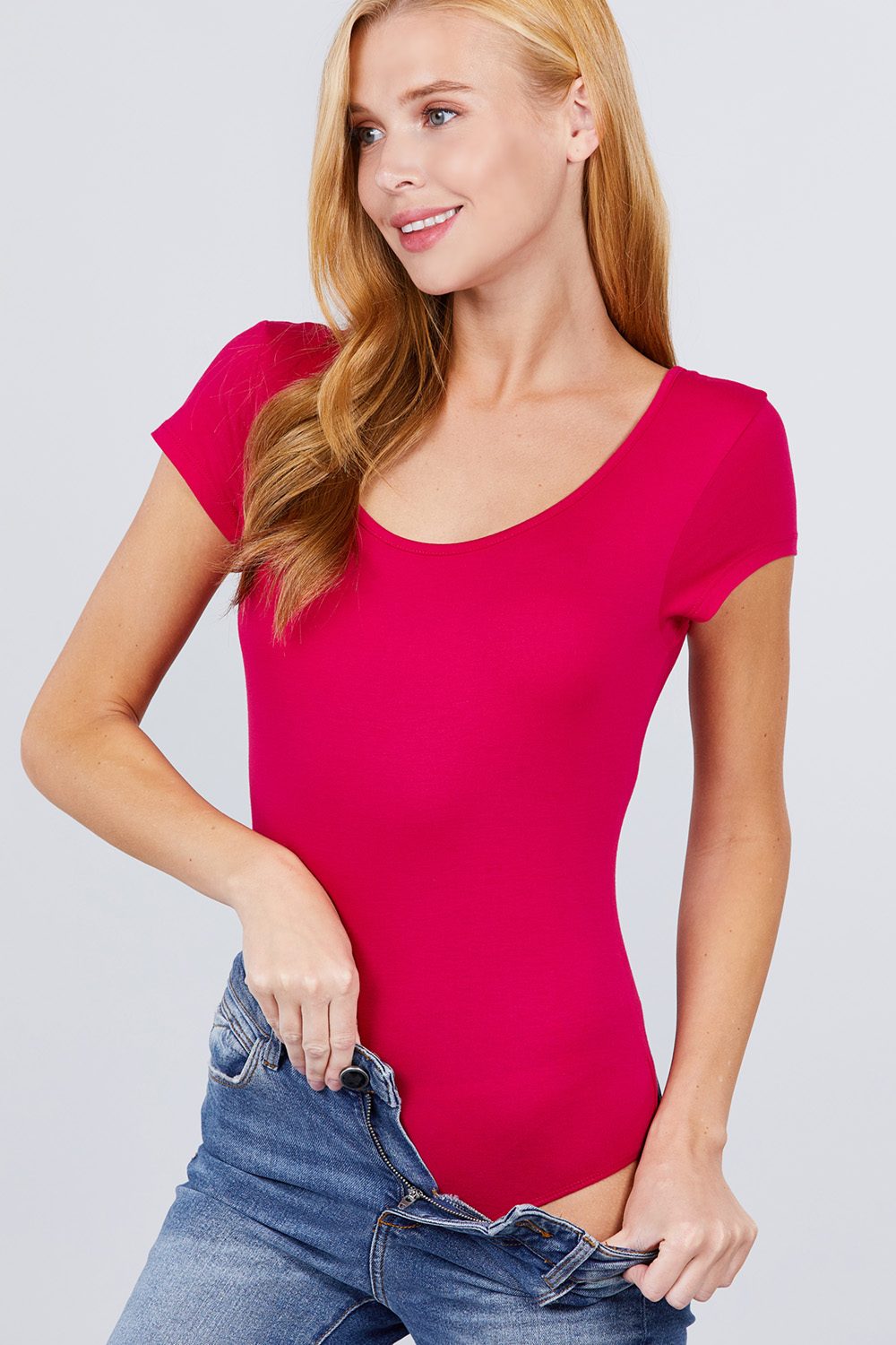 Our Best 95% Cotton 5% Spandex Solid Short Sleeve Scoop Neck Bodysuit (Hot Pink)