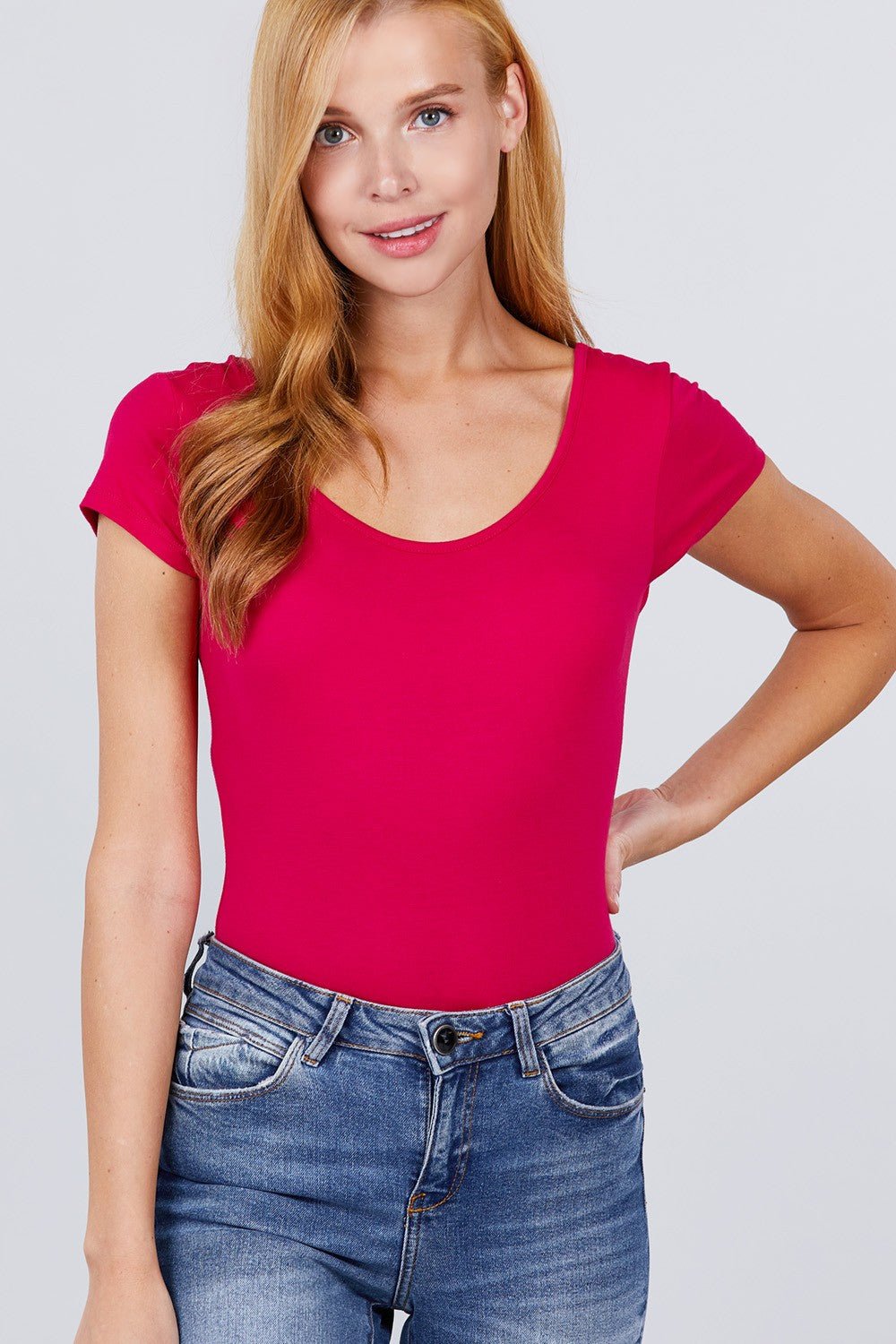 Our Best 95% Cotton 5% Spandex Solid Short Sleeve Scoop Neck Bodysuit (Hot Pink)
