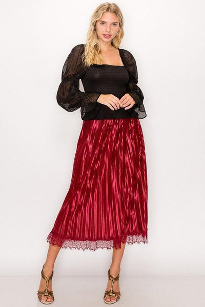 Lolita Lovelace 100% Polyester Satin Floral Lace Fringe Trim Accordion Pleated Elasticized Midi Skirt (Burgundy)