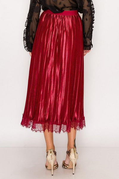 Lolita Lovelace 100% Polyester Satin Floral Lace Fringe Trim Accordion Pleated Elasticized Midi Skirt (Burgundy)
