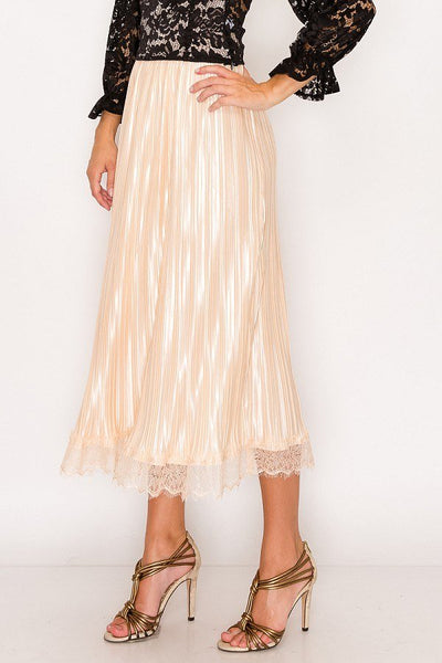 Lolita Lovelace 100% Polyester Satin Floral Lace Fringe Trim Accordion Pleated Elasticized Midi Skirt (Oyster)