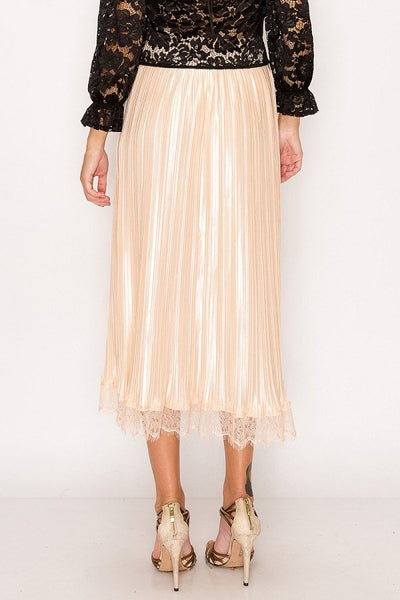 Lolita Lovelace 100% Polyester Satin Floral Lace Fringe Trim Accordion Pleated Elasticized Midi Skirt (Oyster)