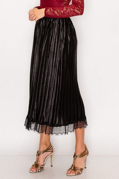 Lolita Lovelace 100% Polyester Satin Floral Lace Fringe Trim Accordion Pleated Elasticized Midi Skirt (Black)