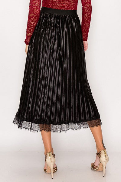 Lolita Lovelace 100% Polyester Satin Floral Lace Fringe Trim Accordion Pleated Elasticized Midi Skirt (Black)