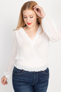 Waist Smoking 100% Polyester Plus Size Blouse Sheer Woven Top Allover Swiss Polka Dot Print V-neck Top (White)
