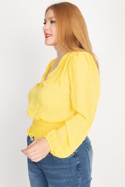 Waist Smoking 100% Polyester Plus Size Blouse Sheer Woven Top Allover Swiss Polka Dot Print V-neck Top (Yellow)