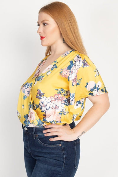 Plus Size Lovely Ladies 100% Polyester Floral Print Front Warp V-neckline Bodysuit (Yellow)