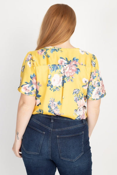 Plus Size Lovely Ladies 100% Polyester Floral Print Front Warp V-neckline Bodysuit (Yellow)